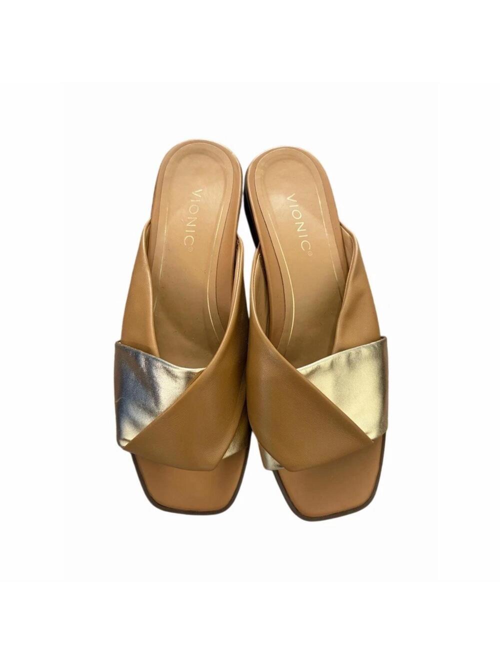 Vionic Miramar Slide Sandals Womens US 10 Tan & Gold Twist Strap Square